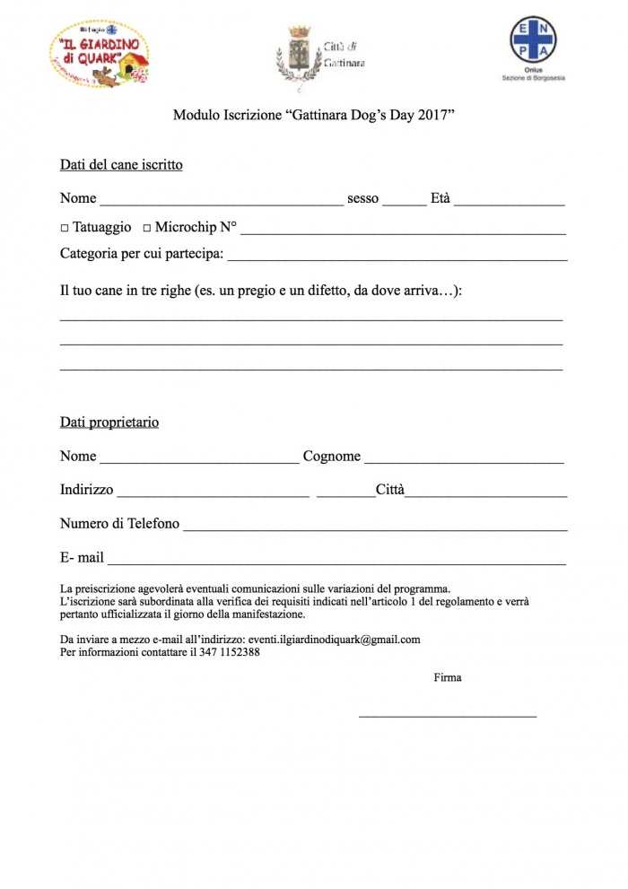 GATTINARA DOG's Day - Scheda di iscrizione