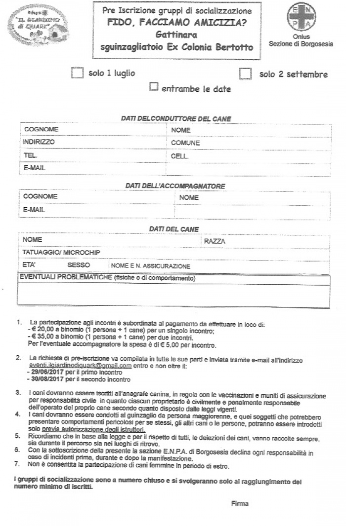 Scheda di iscrizione per GRUPPI DI SOCIALIZZAZIONE