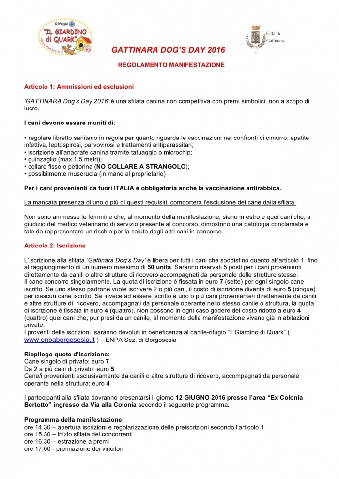 GATTINARA DOG&#039;S DAY - regolamento